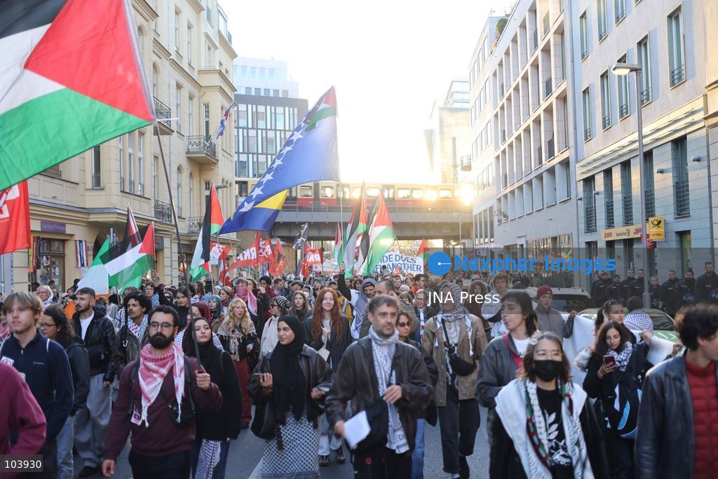 BERLIN, GERMANY, OCTOBER 10, 2026: Thousands of demonstrators take part in the "United4Palestine - No Peace on Stolen Land" march in Berlin, calling for an end to Israel's occupation of Palestinian territories. Protesters demanded that the German government halt arms exports to Israel and end its military and economic support for the country. The demonstration also highlighted opposition to Germany's policies toward Israel and concerns over the humanitarian situation in the Gaza Strip. Photo by Zaira Biagini / JNA Press. (Photo by Zaira Biagini/JNA Press via Nexpher Images)