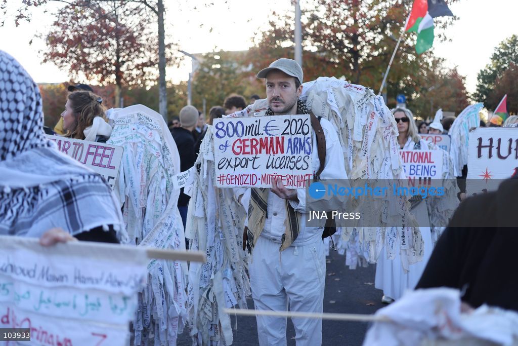BERLIN, GERMANY, OCTOBER 10, 2026: Thousands of demonstrators take part in the "United4Palestine - No Peace on Stolen Land" march in Berlin, calling for an end to Israel's occupation of Palestinian territories. Protesters demanded that the German government halt arms exports to Israel and end its military and economic support for the country. The demonstration also highlighted opposition to Germany's policies toward Israel and concerns over the humanitarian situation in the Gaza Strip. Photo by Zaira Biagini / JNA Press. (Photo by Zaira Biagini/JNA Press via Nexpher Images)