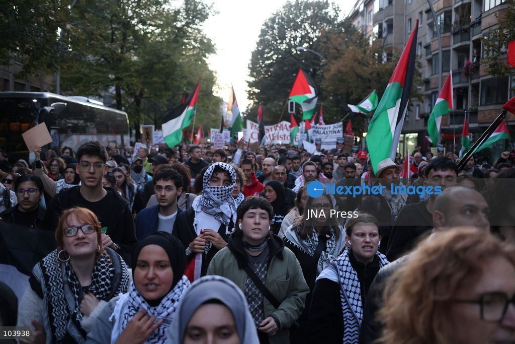 BERLIN, GERMANY, OCTOBER 10, 2026: Thousands of demonstrators take part in the "United4Palestine - No Peace on Stolen Land" march in Berlin, calling for an end to Israel's occupation of Palestinian territories. Protesters demanded that the German government halt arms exports to Israel and end its military and economic support for the country. The demonstration also highlighted opposition to Germany's policies toward Israel and concerns over the humanitarian situation in the Gaza Strip. Photo by Zaira Biagini / JNA Press. (Photo by Zaira Biagini/JNA Press via Nexpher Images)