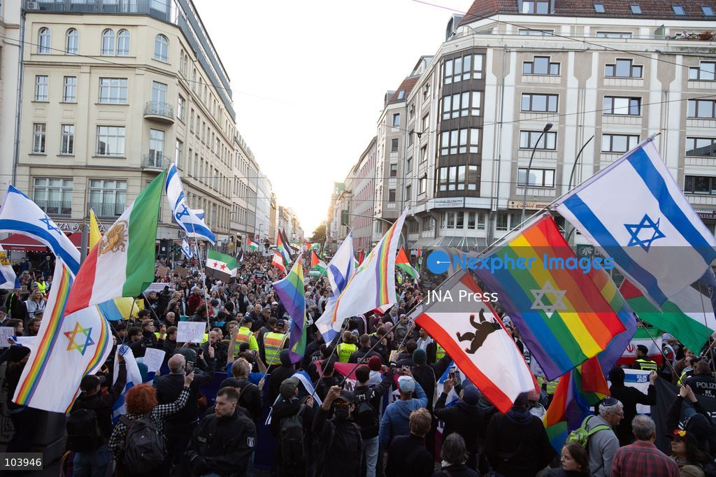 BERLIN, GERMANY, OCTOBER 10, 2026: Pro-Palestinian demonstrators march through Berlin calling for Palestinian rights and an end to the Israeli occupation. Supporters of Israel were also present as the demonstration moved through the German capital. Photo by Somaya Abdelrahman / JNA Press. (Photo by Somaya Abdelrahman/JNA Press via Nexpher Images)
