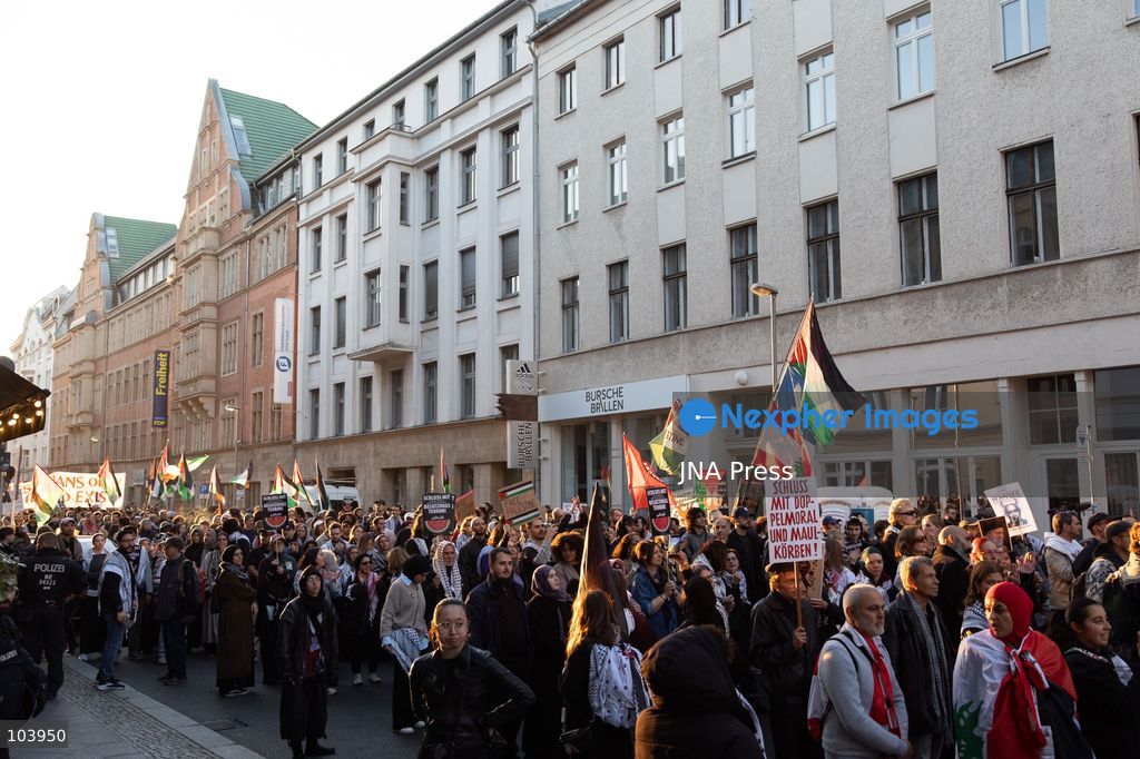 BERLIN, GERMANY, OCTOBER 10, 2026: Pro-Palestinian demonstrators march through Berlin calling for Palestinian rights and an end to the Israeli occupation. Supporters of Israel were also present as the demonstration moved through the German capital. Photo by Somaya Abdelrahman / JNA Press. (Photo by Somaya Abdelrahman/JNA Press via Nexpher Images)