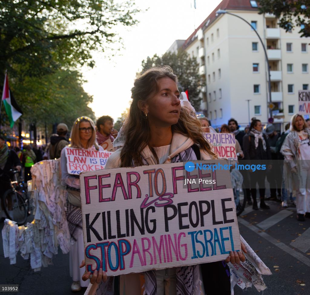 BERLIN, GERMANY, OCTOBER 10, 2026: Pro-Palestinian demonstrators march through Berlin calling for Palestinian rights and an end to the Israeli occupation. Supporters of Israel were also present as the demonstration moved through the German capital. Photo by Somaya Abdelrahman / JNA Press. (Photo by Somaya Abdelrahman/JNA Press via Nexpher Images)