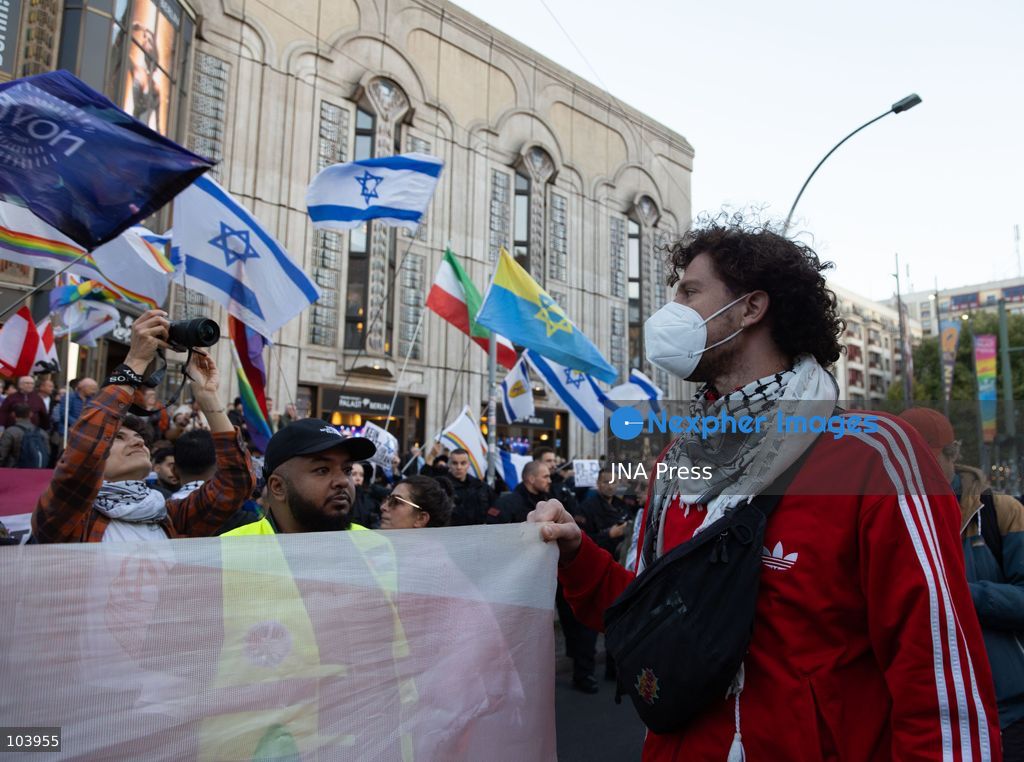 BERLIN, GERMANY, OCTOBER 10, 2026: Pro-Palestinian demonstrators march through Berlin calling for Palestinian rights and an end to the Israeli occupation. Supporters of Israel were also present as the demonstration moved through the German capital. Photo by Somaya Abdelrahman / JNA Press. (Photo by Somaya Abdelrahman/JNA Press via Nexpher Images)