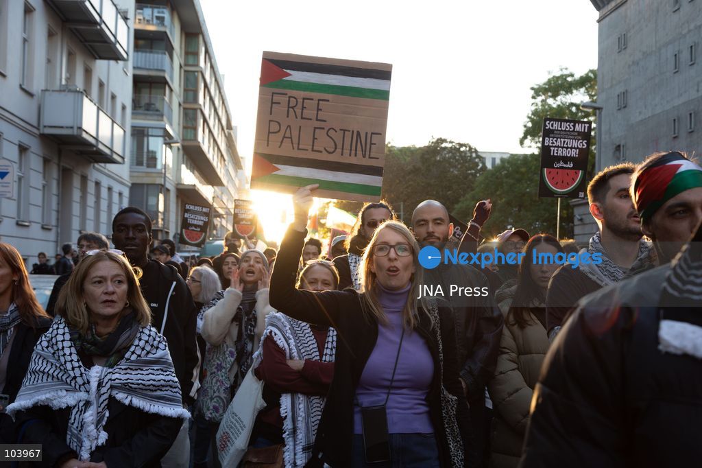 BERLIN, GERMANY, OCTOBER 10, 2026: Pro-Palestinian demonstrators march through Berlin calling for Palestinian rights and an end to the Israeli occupation. Supporters of Israel were also present as the demonstration moved through the German capital. Photo by Somaya Abdelrahman / JNA Press. (Photo by Somaya Abdelrahman/JNA Press via Nexpher Images)