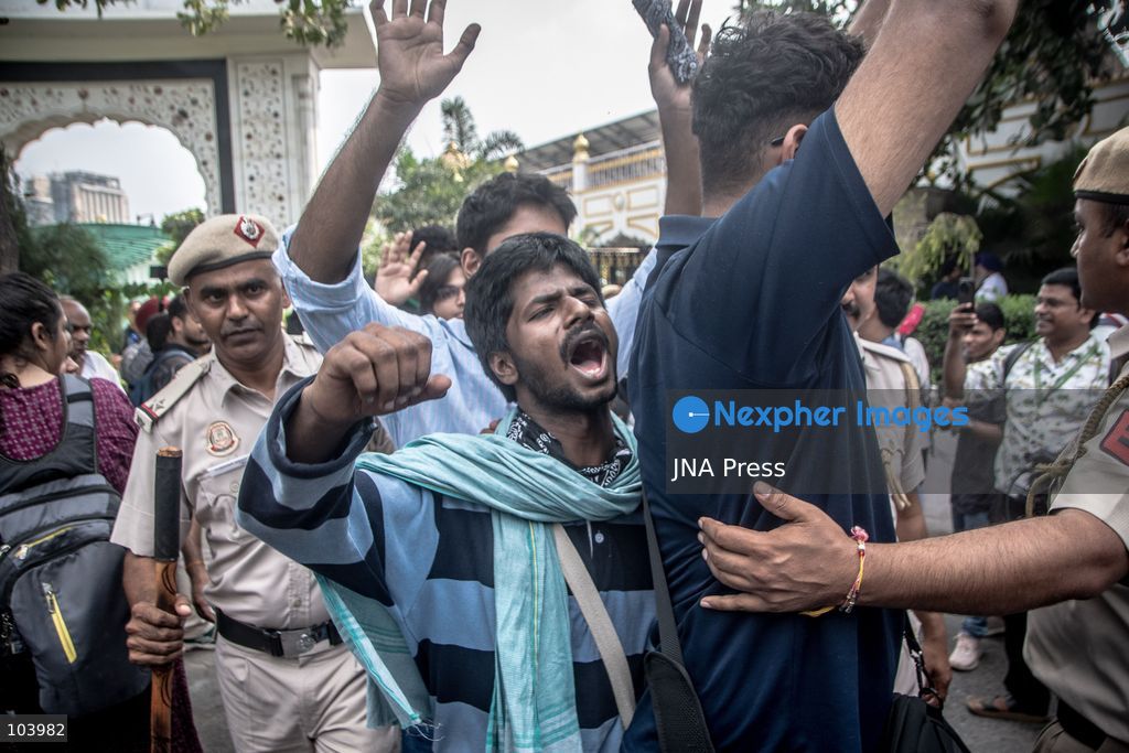 NEW DELHI, INDIA, OCTOBER 10, 2026: Police officers detain a protester during demonstrations organized by the Cockroach Janta Party (CJP) demanding the resignation of India's Chief Election Commissioner Gyanesh Kumar over alleged irregularities in electoral roll revisions. Indian authorities deployed thousands of security personnel and imposed restrictions across New Delhi to prevent protesters from gathering at Jantar Mantar. Thousands of demonstrators and activists were detained during the police operation. Photo by Amit Shukla / JNA Press. (Photo by Amit shukla/JNA Press via Nexpher Images)