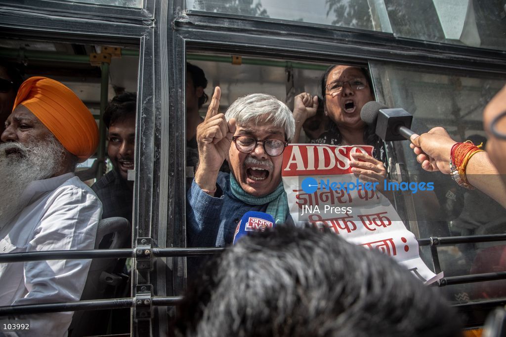 NEW DELHI, INDIA, OCTOBER 10, 2026: Police officers detain a protester during demonstrations organized by the Cockroach Janta Party (CJP) demanding the resignation of India's Chief Election Commissioner Gyanesh Kumar over alleged irregularities in electoral roll revisions. Indian authorities deployed thousands of security personnel and imposed restrictions across New Delhi to prevent protesters from gathering at Jantar Mantar. Thousands of demonstrators and activists were detained during the police operation. Photo by Amit Shukla / JNA Press. (Photo by Amit shukla/JNA Press via Nexpher Images)