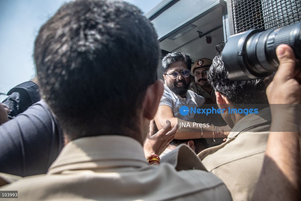 NEW DELHI, INDIA, OCTOBER 10, 2026: Police officers detain a protester during demonstrations organized by the Cockroach Janta Party (CJP) demanding the resignation of India's Chief Election Commissioner Gyanesh Kumar over alleged irregularities in electoral roll revisions. Indian authorities deployed thousands of security personnel and imposed restrictions across New Delhi to prevent protesters from gathering at Jantar Mantar. Thousands of demonstrators and activists were detained during the police operation. Photo by Amit Shukla / JNA Press. (Photo by Amit shukla/JNA Press via Nexpher Images)