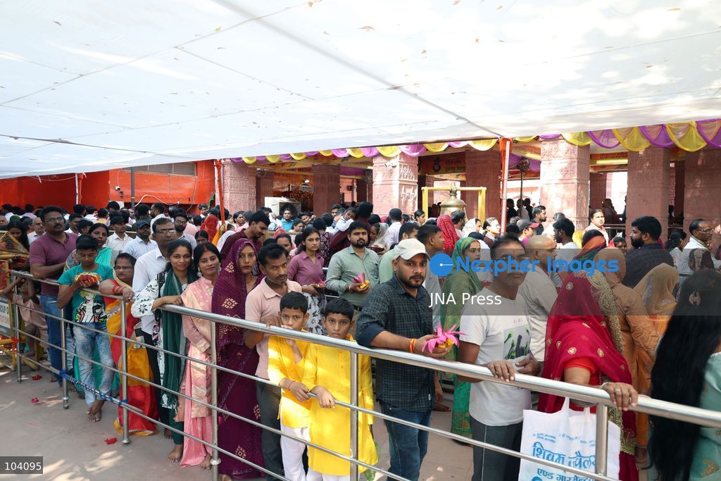 PRAYAGRAJ, INDIA, OCTOBER 11, 2026: Hindu devotees offer prayers to Goddess Alopshankari Devi at the Alopshankari Devi Temple in Prayagraj during celebrations for the nine-day Navratri festival. Worshippers gathered at the temple to perform puja and seek blessings during the Hindu festival dedicated to the worship of Goddess Durga and her manifestations. Photo by Jitendra Prakash / JNA Press. (Photo by Jitendra Prakash/JNA Press via Nexpher Images)