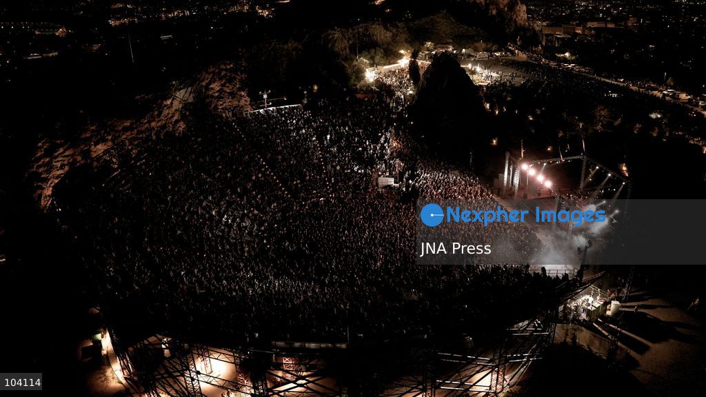 ATHENS, GREECE, OCTOBER 10, 2026: Thousands of people attend a Palestine solidarity festival organized by March to Gaza Greece at the Lycabettus Theatre in Athens. The event included discussions on Palestine, live connections with participants in Gaza and the West Bank, cultural exhibits and live music performances. Photo by Vedat Yeler / JNA Press. (Photo by Vedat Yeler/JNA Press via Nexpher Images)