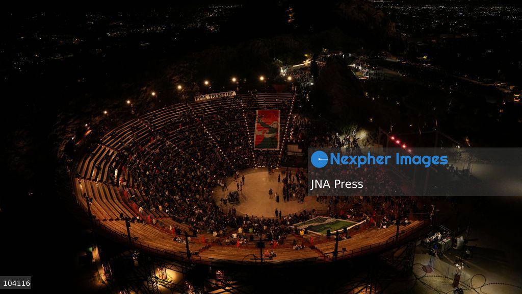 ATHENS, GREECE, OCTOBER 10, 2026: Thousands of people attend a Palestine solidarity festival organized by March to Gaza Greece at the Lycabettus Theatre in Athens. The event included discussions on Palestine, live connections with participants in Gaza and the West Bank, cultural exhibits and live music performances. Photo by Vedat Yeler / JNA Press. (Photo by Vedat Yeler/JNA Press via Nexpher Images)
