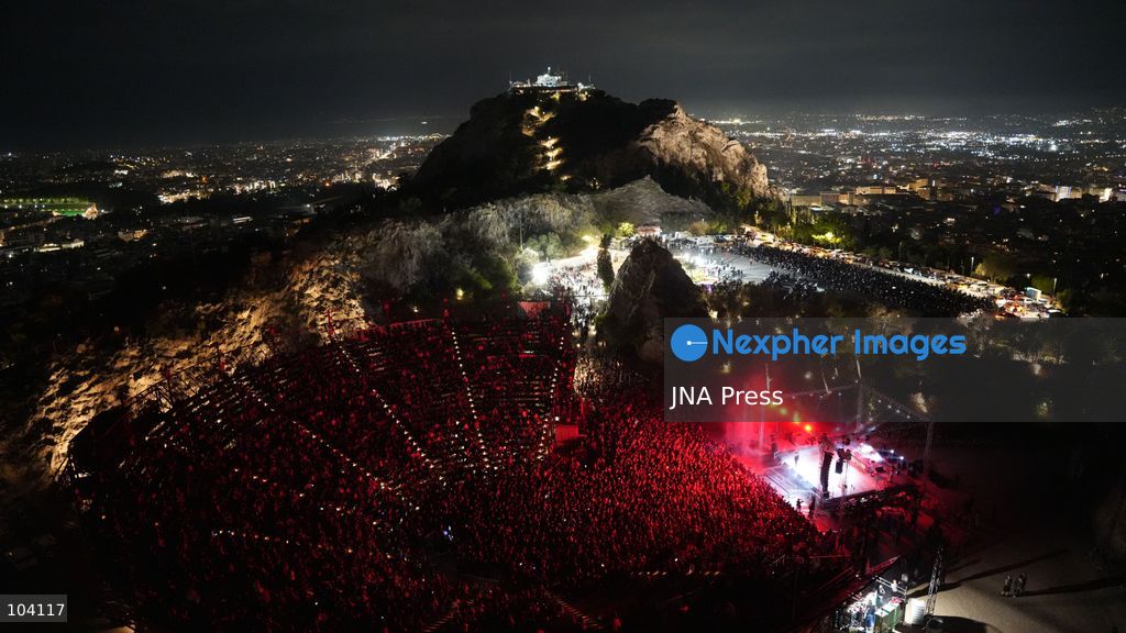 ATHENS, GREECE, OCTOBER 10, 2026: Thousands of people attend a Palestine solidarity festival organized by March to Gaza Greece at the Lycabettus Theatre in Athens. The event included discussions on Palestine, live connections with participants in Gaza and the West Bank, cultural exhibits and live music performances. Photo by Vedat Yeler / JNA Press. (Photo by Vedat Yeler/JNA Press via Nexpher Images)