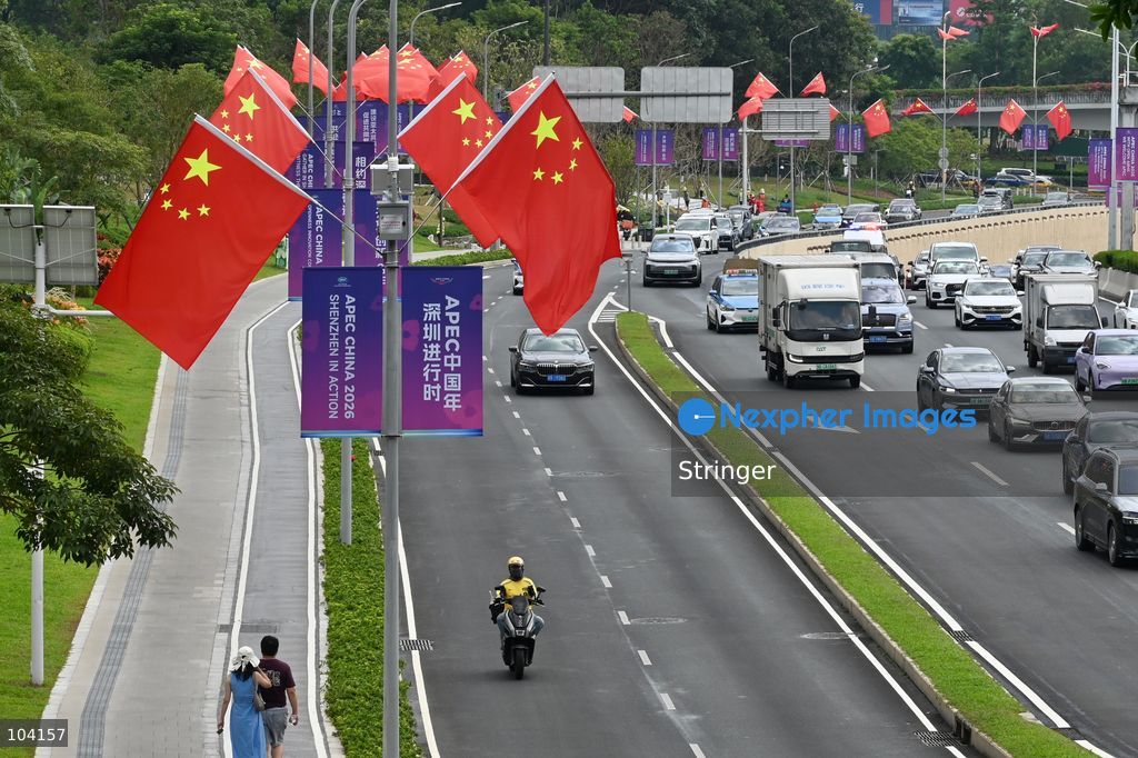 A decoration of APEC CHINA 2026 display at a road on October 11, 2026 in Shenzhen, China. (Photo by Stringer/Nexpher Images)