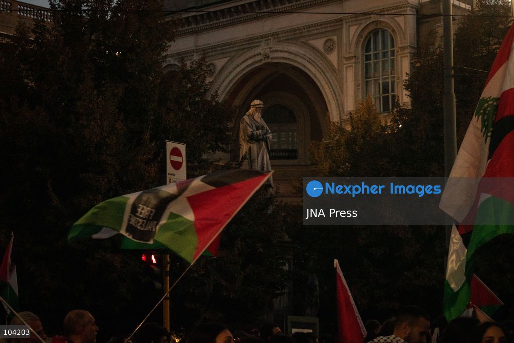 MILAN, ITALY, OCTOBER 10, 2026: Thousands of demonstrators march through central Milan in solidarity with Palestinians, marking three years since the start of the war in Gaza. Protesters carry Palestinian flags, banners and placards as they march from Piazza della Repubblica toward Piazza San Babila, calling for an end to Israel's military operations in Gaza, an arms embargo and the suspension of agreements with Israel. The demonstration was part of a nationwide mobilization organized by Palestinian groups and supporting organizations across Italy. Photo by Nadia Caimi / JNA Press. (Photo by Nadia Caimi/JNA Press via Nexpher Images)