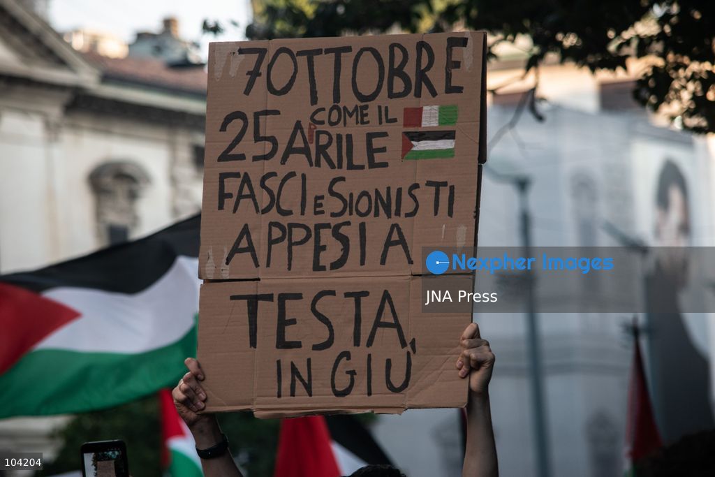 MILAN, ITALY, OCTOBER 10, 2026: Thousands of demonstrators march through central Milan in solidarity with Palestinians, marking three years since the start of the war in Gaza. Protesters carry Palestinian flags, banners and placards as they march from Piazza della Repubblica toward Piazza San Babila, calling for an end to Israel's military operations in Gaza, an arms embargo and the suspension of agreements with Israel. The demonstration was part of a nationwide mobilization organized by Palestinian groups and supporting organizations across Italy. Photo by Nadia Caimi / JNA Press. (Photo by Nadia Caimi/JNA Press via Nexpher Images)