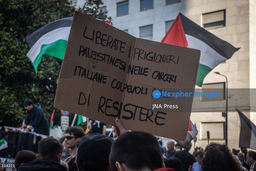 MILAN, ITALY, OCTOBER 10, 2026: Thousands of demonstrators march through central Milan in solidarity with Palestinians, marking three years since the start of the war in Gaza. Protesters carry Palestinian flags, banners and placards as they march from Piazza della Repubblica toward Piazza San Babila, calling for an end to Israel's military operations in Gaza, an arms embargo and the suspension of agreements with Israel. The demonstration was part of a nationwide mobilization organized by Palestinian groups and supporting organizations across Italy. Photo by Nadia Caimi / JNA Press. (Photo by Nadia Caimi/JNA Press via Nexpher Images)