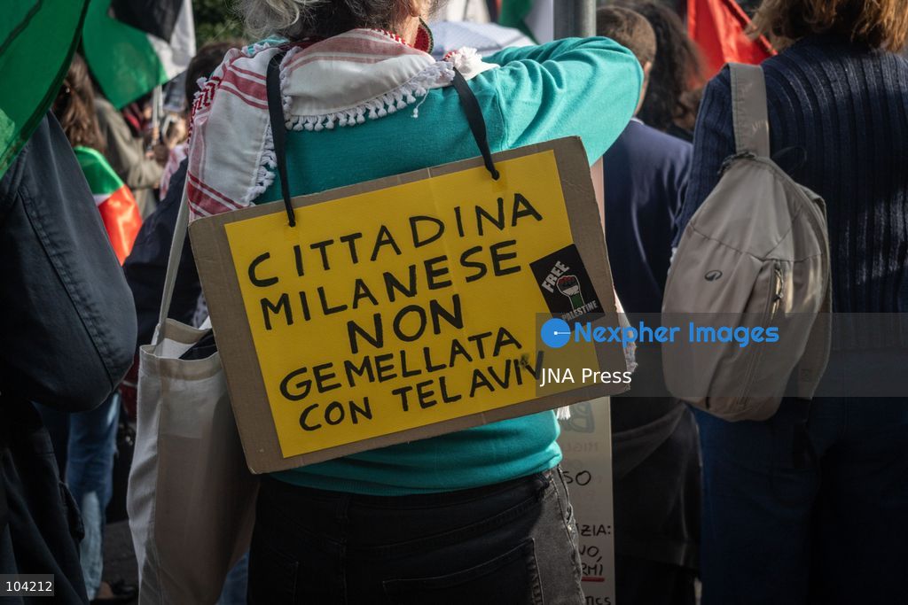MILAN, ITALY, OCTOBER 10, 2026: Thousands of demonstrators march through central Milan in solidarity with Palestinians, marking three years since the start of the war in Gaza. Protesters carry Palestinian flags, banners and placards as they march from Piazza della Repubblica toward Piazza San Babila, calling for an end to Israel's military operations in Gaza, an arms embargo and the suspension of agreements with Israel. The demonstration was part of a nationwide mobilization organized by Palestinian groups and supporting organizations across Italy. Photo by Nadia Caimi / JNA Press. (Photo by Nadia Caimi/JNA Press via Nexpher Images)