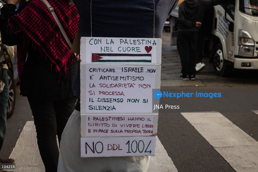 MILAN, ITALY, OCTOBER 10, 2026: Thousands of demonstrators march through central Milan in solidarity with Palestinians, marking three years since the start of the war in Gaza. Protesters carry Palestinian flags, banners and placards as they march from Piazza della Repubblica toward Piazza San Babila, calling for an end to Israel's military operations in Gaza, an arms embargo and the suspension of agreements with Israel. The demonstration was part of a nationwide mobilization organized by Palestinian groups and supporting organizations across Italy. Photo by Nadia Caimi / JNA Press. (Photo by Nadia Caimi/JNA Press via Nexpher Images)