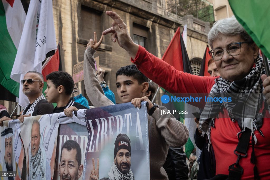 MILAN, ITALY, OCTOBER 10, 2026: Thousands of demonstrators march through central Milan in solidarity with Palestinians, marking three years since the start of the war in Gaza. Protesters carry Palestinian flags, banners and placards as they march from Piazza della Repubblica toward Piazza San Babila, calling for an end to Israel's military operations in Gaza, an arms embargo and the suspension of agreements with Israel. The demonstration was part of a nationwide mobilization organized by Palestinian groups and supporting organizations across Italy. Photo by Nadia Caimi / JNA Press. (Photo by Nadia Caimi/JNA Press via Nexpher Images)