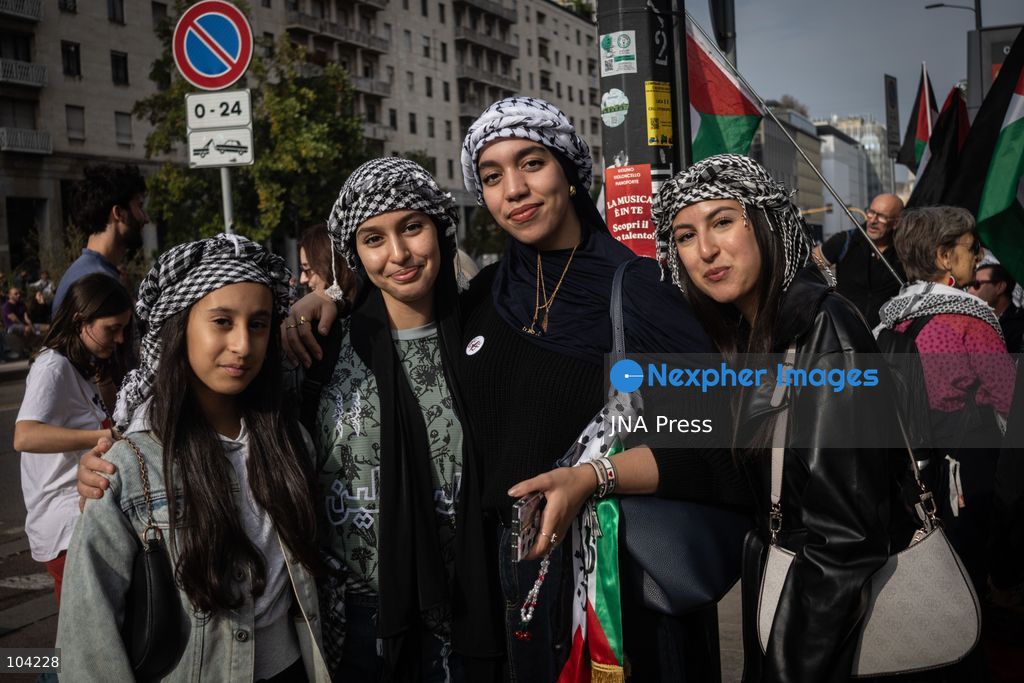 MILAN, ITALY, OCTOBER 10, 2026: Thousands of demonstrators march through central Milan in solidarity with Palestinians, marking three years since the start of the war in Gaza. Protesters carry Palestinian flags, banners and placards as they march from Piazza della Repubblica toward Piazza San Babila, calling for an end to Israel's military operations in Gaza, an arms embargo and the suspension of agreements with Israel. The demonstration was part of a nationwide mobilization organized by Palestinian groups and supporting organizations across Italy. Photo by Nadia Caimi / JNA Press. (Photo by Nadia Caimi/JNA Press via Nexpher Images)