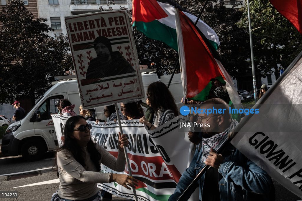 MILAN, ITALY, OCTOBER 10, 2026: Thousands of demonstrators march through central Milan in solidarity with Palestinians, marking three years since the start of the war in Gaza. Protesters carry Palestinian flags, banners and placards as they march from Piazza della Repubblica toward Piazza San Babila, calling for an end to Israel's military operations in Gaza, an arms embargo and the suspension of agreements with Israel. The demonstration was part of a nationwide mobilization organized by Palestinian groups and supporting organizations across Italy. Photo by Nadia Caimi / JNA Press. (Photo by Nadia Caimi/JNA Press via Nexpher Images)