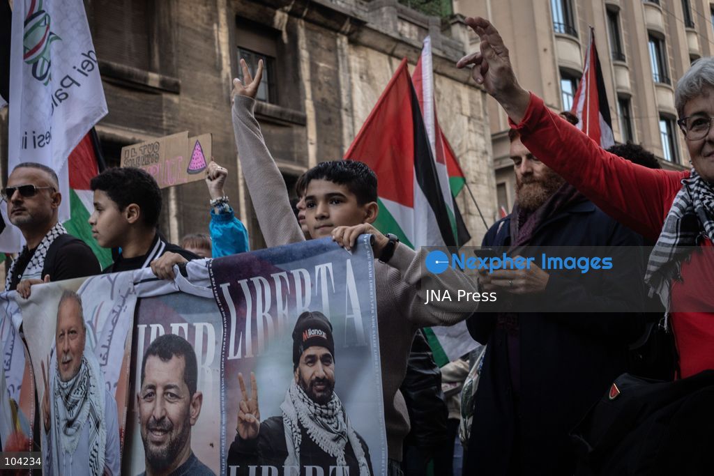 MILAN, ITALY, OCTOBER 10, 2026: Thousands of demonstrators march through central Milan in solidarity with Palestinians, marking three years since the start of the war in Gaza. Protesters carry Palestinian flags, banners and placards as they march from Piazza della Repubblica toward Piazza San Babila, calling for an end to Israel's military operations in Gaza, an arms embargo and the suspension of agreements with Israel. The demonstration was part of a nationwide mobilization organized by Palestinian groups and supporting organizations across Italy. Photo by Nadia Caimi / JNA Press. (Photo by Nadia Caimi/JNA Press via Nexpher Images)