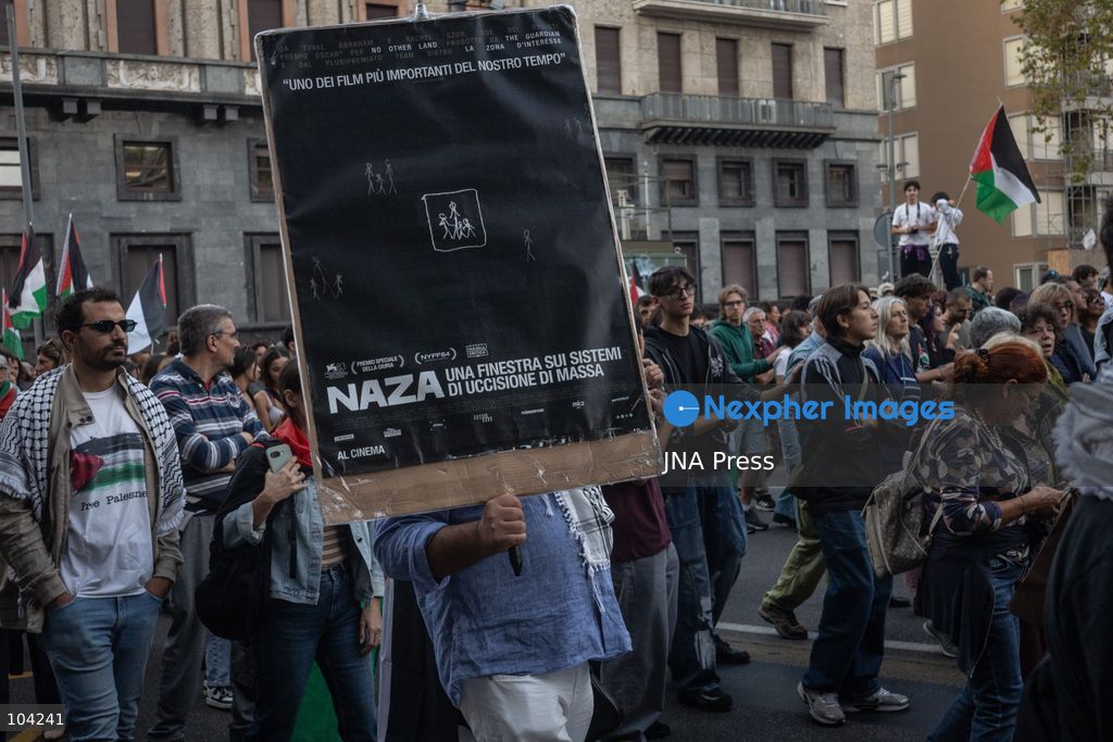 MILAN, ITALY, OCTOBER 10, 2026: Thousands of demonstrators march through central Milan in solidarity with Palestinians, marking three years since the start of the war in Gaza. Protesters carry Palestinian flags, banners and placards as they march from Piazza della Repubblica toward Piazza San Babila, calling for an end to Israel's military operations in Gaza, an arms embargo and the suspension of agreements with Israel. The demonstration was part of a nationwide mobilization organized by Palestinian groups and supporting organizations across Italy. Photo by Nadia Caimi / JNA Press. (Photo by Nadia Caimi/JNA Press via Nexpher Images)