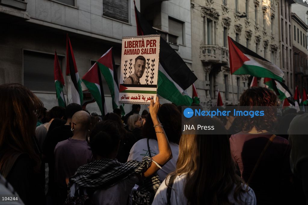 MILAN, ITALY, OCTOBER 10, 2026: Thousands of demonstrators march through central Milan in solidarity with Palestinians, marking three years since the start of the war in Gaza. Protesters carry Palestinian flags, banners and placards as they march from Piazza della Repubblica toward Piazza San Babila, calling for an end to Israel's military operations in Gaza, an arms embargo and the suspension of agreements with Israel. The demonstration was part of a nationwide mobilization organized by Palestinian groups and supporting organizations across Italy. Photo by Nadia Caimi / JNA Press. (Photo by Nadia Caimi/JNA Press via Nexpher Images)