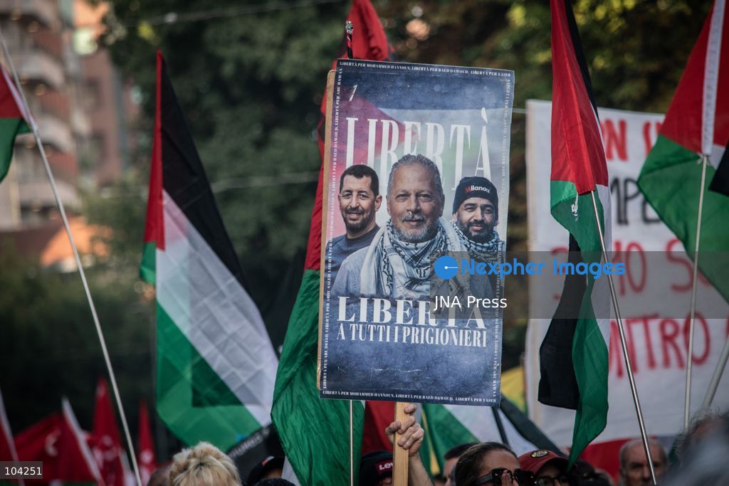 MILAN, ITALY, OCTOBER 10, 2026: Thousands of demonstrators march through central Milan in solidarity with Palestinians, marking three years since the start of the war in Gaza. Protesters carry Palestinian flags, banners and placards as they march from Piazza della Repubblica toward Piazza San Babila, calling for an end to Israel's military operations in Gaza, an arms embargo and the suspension of agreements with Israel. The demonstration was part of a nationwide mobilization organized by Palestinian groups and supporting organizations across Italy. Photo by Nadia Caimi / JNA Press. (Photo by Nadia Caimi/JNA Press via Nexpher Images)