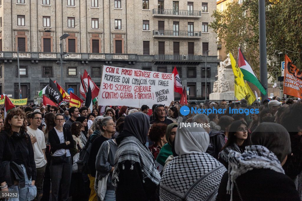 MILAN, ITALY, OCTOBER 10, 2026: Thousands of demonstrators march through central Milan in solidarity with Palestinians, marking three years since the start of the war in Gaza. Protesters carry Palestinian flags, banners and placards as they march from Piazza della Repubblica toward Piazza San Babila, calling for an end to Israel's military operations in Gaza, an arms embargo and the suspension of agreements with Israel. The demonstration was part of a nationwide mobilization organized by Palestinian groups and supporting organizations across Italy. Photo by Nadia Caimi / JNA Press. (Photo by Nadia Caimi/JNA Press via Nexpher Images)