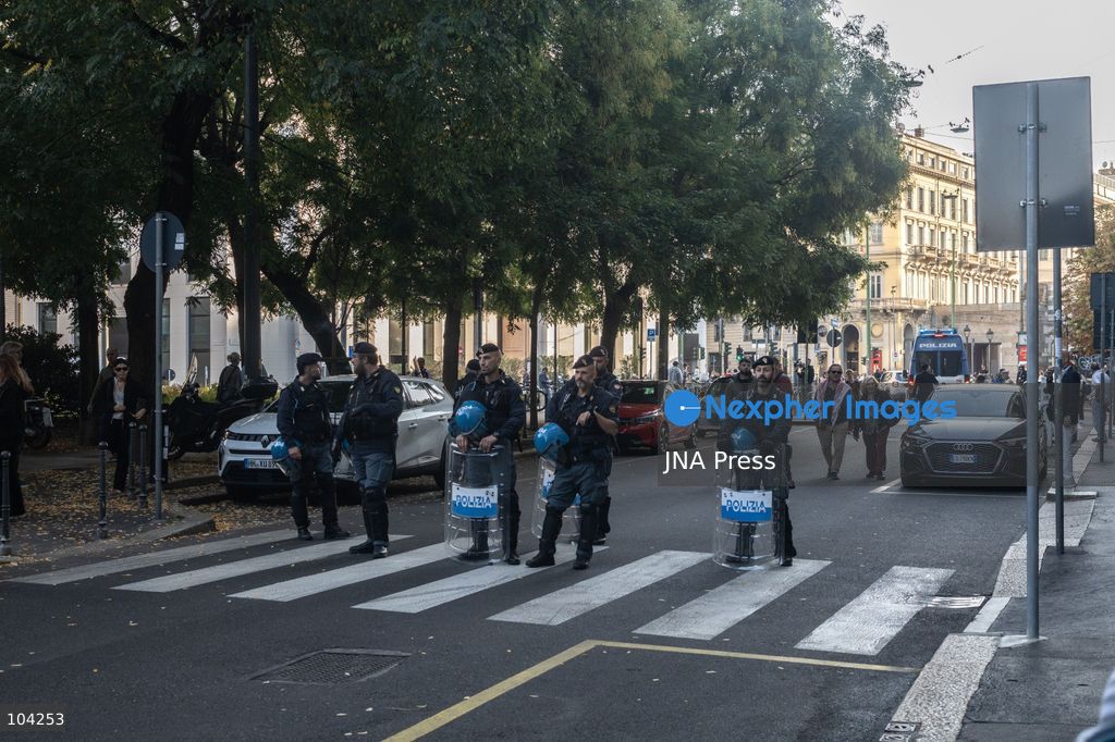 MILAN, ITALY, OCTOBER 10, 2026: Thousands of demonstrators march through central Milan in solidarity with Palestinians, marking three years since the start of the war in Gaza. Protesters carry Palestinian flags, banners and placards as they march from Piazza della Repubblica toward Piazza San Babila, calling for an end to Israel's military operations in Gaza, an arms embargo and the suspension of agreements with Israel. The demonstration was part of a nationwide mobilization organized by Palestinian groups and supporting organizations across Italy. Photo by Nadia Caimi / JNA Press. (Photo by Nadia Caimi/JNA Press via Nexpher Images)