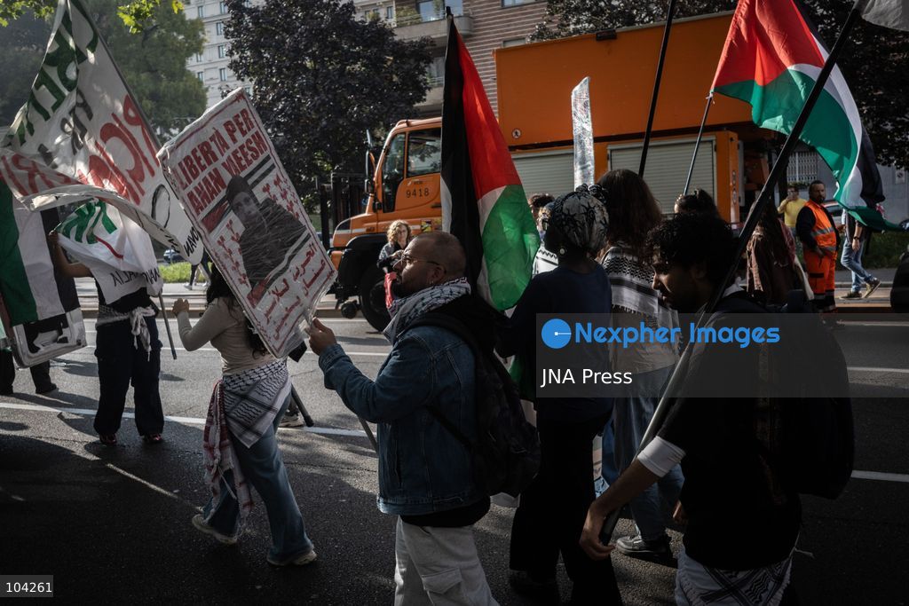 MILAN, ITALY, OCTOBER 10, 2026: Thousands of demonstrators march through central Milan in solidarity with Palestinians, marking three years since the start of the war in Gaza. Protesters carry Palestinian flags, banners and placards as they march from Piazza della Repubblica toward Piazza San Babila, calling for an end to Israel's military operations in Gaza, an arms embargo and the suspension of agreements with Israel. The demonstration was part of a nationwide mobilization organized by Palestinian groups and supporting organizations across Italy. Photo by Nadia Caimi / JNA Press. (Photo by Nadia Caimi/JNA Press via Nexpher Images)