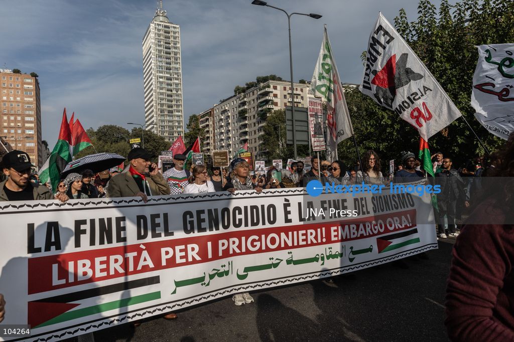 MILAN, ITALY, OCTOBER 10, 2026: Thousands of demonstrators march through central Milan in solidarity with Palestinians, marking three years since the start of the war in Gaza. Protesters carry Palestinian flags, banners and placards as they march from Piazza della Repubblica toward Piazza San Babila, calling for an end to Israel's military operations in Gaza, an arms embargo and the suspension of agreements with Israel. The demonstration was part of a nationwide mobilization organized by Palestinian groups and supporting organizations across Italy. Photo by Nadia Caimi / JNA Press. (Photo by Nadia Caimi/JNA Press via Nexpher Images)