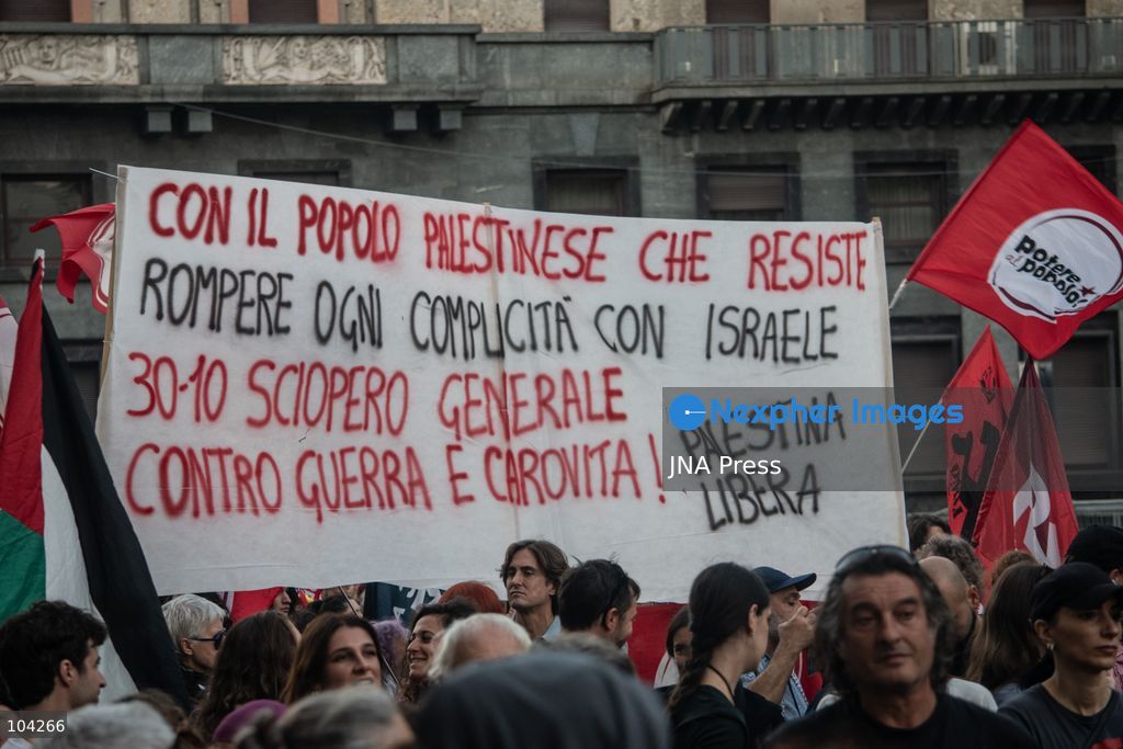 MILAN, ITALY, OCTOBER 10, 2026: Thousands of demonstrators march through central Milan in solidarity with Palestinians, marking three years since the start of the war in Gaza. Protesters carry Palestinian flags, banners and placards as they march from Piazza della Repubblica toward Piazza San Babila, calling for an end to Israel's military operations in Gaza, an arms embargo and the suspension of agreements with Israel. The demonstration was part of a nationwide mobilization organized by Palestinian groups and supporting organizations across Italy. Photo by Nadia Caimi / JNA Press. (Photo by Nadia Caimi/JNA Press via Nexpher Images)