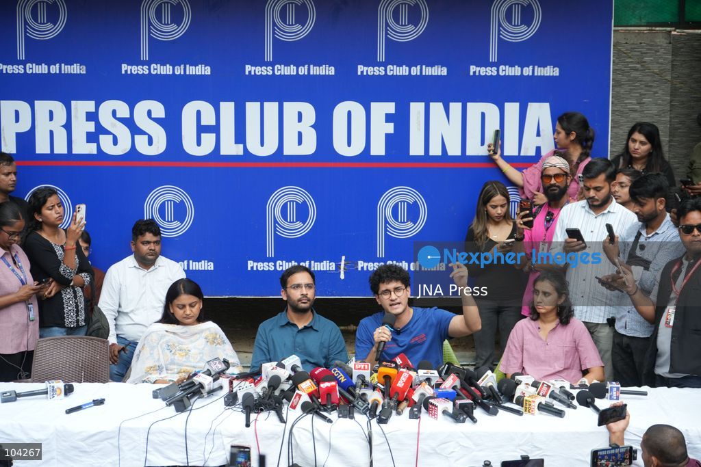 NEW DELHI, INDIA, October 11, 2026: Cockroach Janta Party (CJP) leaders Ashutosh Ranka and Saurav Das address a press conference at the Press Club of India following their release from preventive detention by Delhi Police. The leaders criticised police action against party members and protesters during demonstrations demanding the resignation of Chief Election Commissioner Gyanesh Kumar over alleged irregularities in electoral roll revisions. Photo by Sameer Hussain / JNA Press (Photo by Sameer Hussain/JNA Press via Nexpher Images)