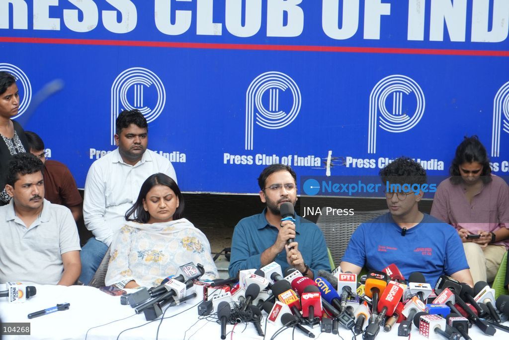 NEW DELHI, INDIA, October 11, 2026: Cockroach Janta Party (CJP) leaders Ashutosh Ranka and Saurav Das address a press conference at the Press Club of India following their release from preventive detention by Delhi Police. The leaders criticised police action against party members and protesters during demonstrations demanding the resignation of Chief Election Commissioner Gyanesh Kumar over alleged irregularities in electoral roll revisions. Photo by Sameer Hussain / JNA Press (Photo by Sameer Hussain/JNA Press via Nexpher Images)