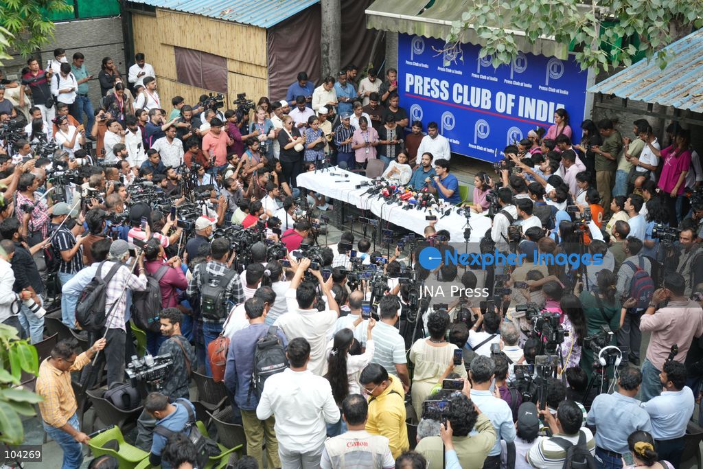 NEW DELHI, INDIA, October 11, 2026: Cockroach Janta Party (CJP) leaders Ashutosh Ranka and Saurav Das address a press conference at the Press Club of India following their release from preventive detention by Delhi Police. The leaders criticised police action against party members and protesters during demonstrations demanding the resignation of Chief Election Commissioner Gyanesh Kumar over alleged irregularities in electoral roll revisions. Photo by Sameer Hussain / JNA Press (Photo by Sameer Hussain/JNA Press via Nexpher Images)