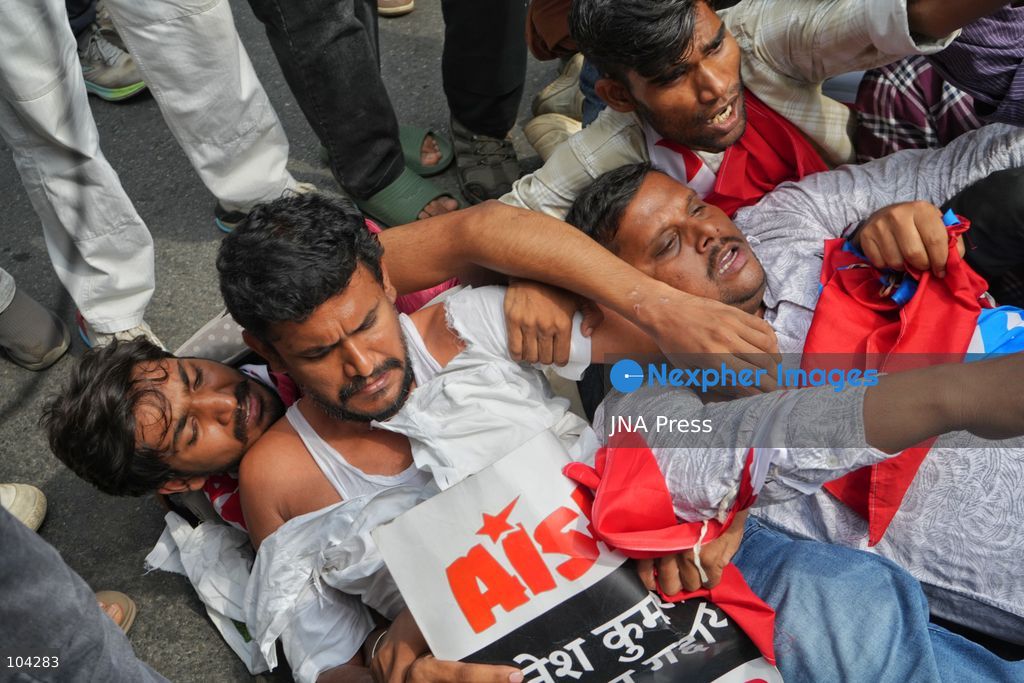 NEW DELHI, INDIA, OCTOBER 11, 2026: Members of the Cockroach Janta Party (CJP) and activists from the All India Students' Federation (AISF) gather at Jantar Mantar in New Delhi, demanding the resignation of Chief Election Commissioner Gyanesh Kumar over alleged irregularities in electoral rolls. The demonstration took place amid restrictions on movement in the area. On October 11, the Supreme Court directed authorities to ensure the normal functioning of metro and railway services, facilitate public movement in accordance with traffic regulations, and review barricades, removing those deemed unnecessary for maintaining public order. Photo by Sameer Hussain / JNA Press (Photo by Sameer Hussain/JNA Press via Nexpher Images)