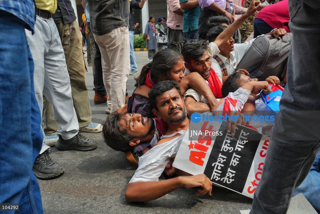 NEW DELHI, INDIA, OCTOBER 11, 2026: Members of the Cockroach Janta Party (CJP) and activists from the All India Students' Federation (AISF) gather at Jantar Mantar in New Delhi, demanding the resignation of Chief Election Commissioner Gyanesh Kumar over alleged irregularities in electoral rolls. The demonstration took place amid restrictions on movement in the area. On October 11, the Supreme Court directed authorities to ensure the normal functioning of metro and railway services, facilitate public movement in accordance with traffic regulations, and review barricades, removing those deemed unnecessary for maintaining public order. Photo by Sameer Hussain / JNA Press (Photo by Sameer Hussain/JNA Press via Nexpher Images)