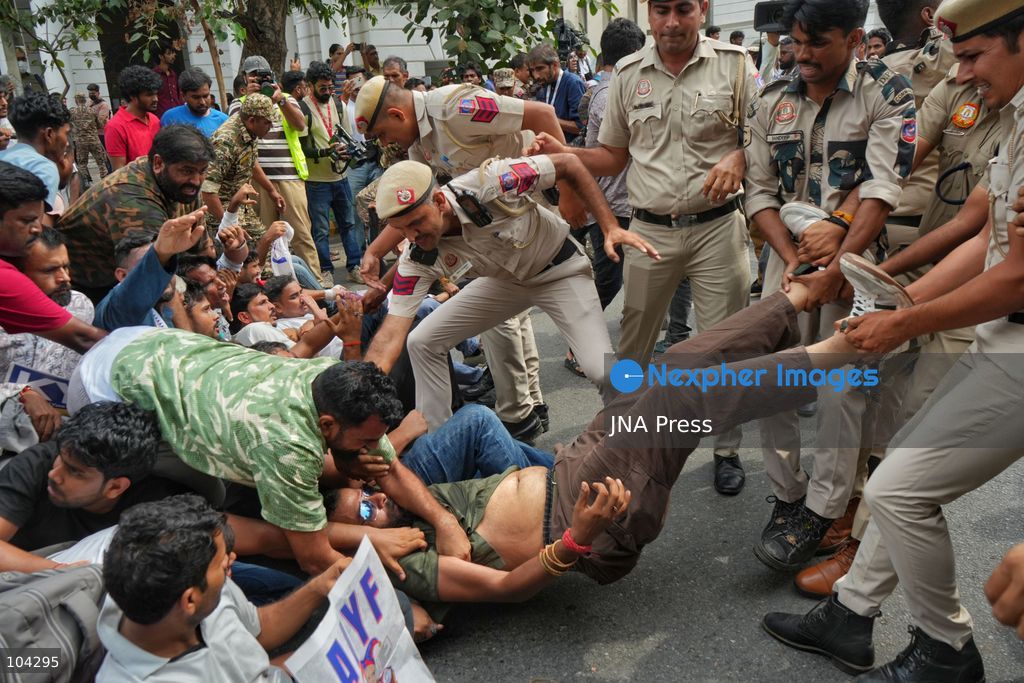 NEW DELHI, INDIA, OCTOBER 11, 2026: Members of the Cockroach Janta Party (CJP) and activists from the All India Students' Federation (AISF) gather at Jantar Mantar in New Delhi, demanding the resignation of Chief Election Commissioner Gyanesh Kumar over alleged irregularities in electoral rolls. The demonstration took place amid restrictions on movement in the area. On October 11, the Supreme Court directed authorities to ensure the normal functioning of metro and railway services, facilitate public movement in accordance with traffic regulations, and review barricades, removing those deemed unnecessary for maintaining public order. Photo by Sameer Hussain / JNA Press (Photo by Sameer Hussain/JNA Press via Nexpher Images)