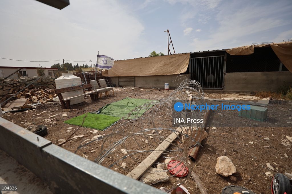 UMM AL-KHAIR, MASAFER YATTA, OCCUPIED WEST BANK, OCTOBER 11, 2026: Israeli settlers placed barbed wire in the sheep pen yard and plastic sheets in front of the windows of the Salem al-Hathaleen family home in Umm al-Khair, Masafer Yatta, south of Hebron. The Israeli military subsequently declared the area a closed military zone, preventing the family from accessing the sheep pen and backyard, where a newly established settler outpost is located. Photo by Mosab Shawer / JNA Press. (Photo by Mosab shawer/JNA Press via Nexpher Images)