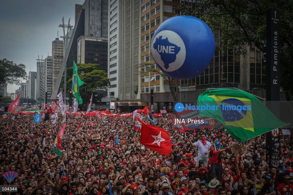 SAO PAULO, BRAZIL, OCTOBER 11, 2026: Students and supporters of Brazilian President Luiz Inacio Lula da Silva demonstrate on Avenida Paulista in Sao Paulo against presidential candidate Flavio Bolsonaro and in support of Lula's re-election. The rally comes ahead of the presidential runoff between Lula and Bolsonaro scheduled for October 25. Photo by Felioe Iruata / JNA Press. (Photo by Felipe iruatã/JNA Press via Nexpher Images)