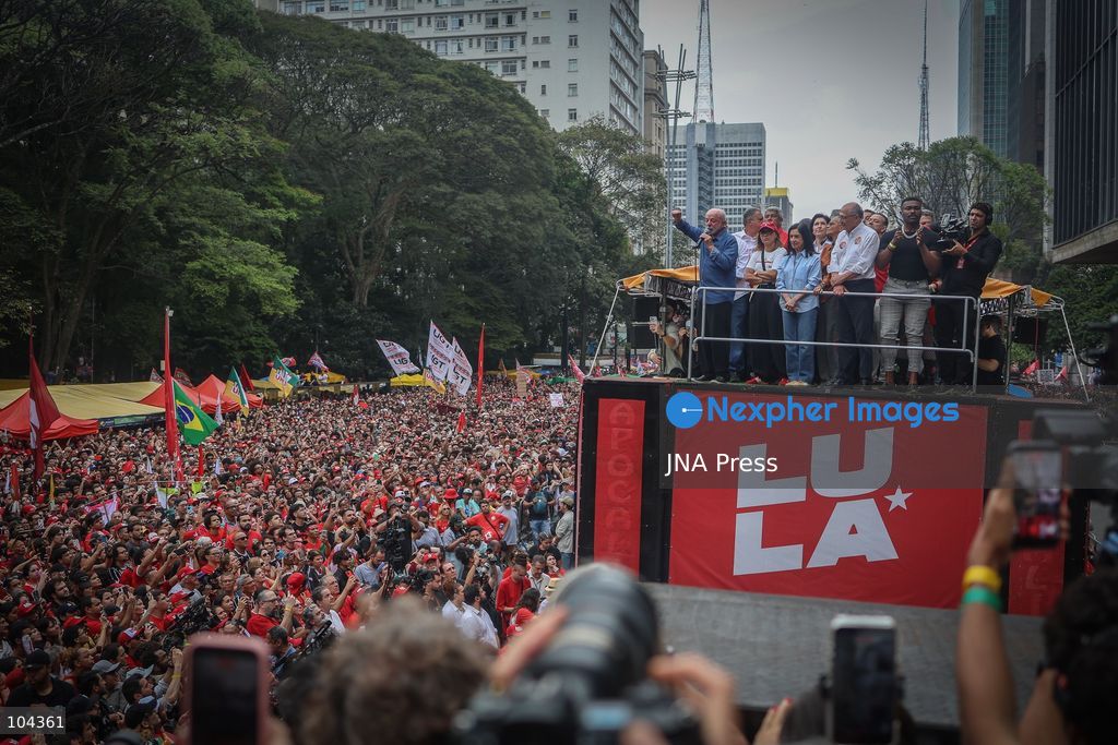 SAO PAULO, BRAZIL, OCTOBER 11, 2026: Students and supporters of Brazilian President Luiz Inacio Lula da Silva demonstrate on Avenida Paulista in Sao Paulo against presidential candidate Flavio Bolsonaro and in support of Lula's re-election. The rally comes ahead of the presidential runoff between Lula and Bolsonaro scheduled for October 25. Photo by Felioe Iruata / JNA Press. (Photo by Felipe iruatã/JNA Press via Nexpher Images)