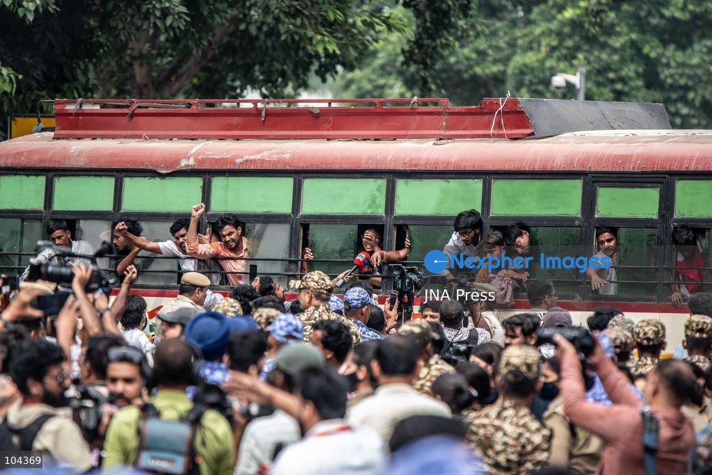 NEW DELHI, INDIA, OCTOBER 11, 2026: Police detain protesters during a demonstration at Connaught Place in New Delhi demanding the resignation of India's Chief Election Commissioner Gyanesh Kumar. The protests follow opposition allegations of irregularities in voter roll revisions, which the Election Commission denies. Photo by Amit Shukla / JNA Press. (Photo by Amit shukla/JNA Press via Nexpher Images)