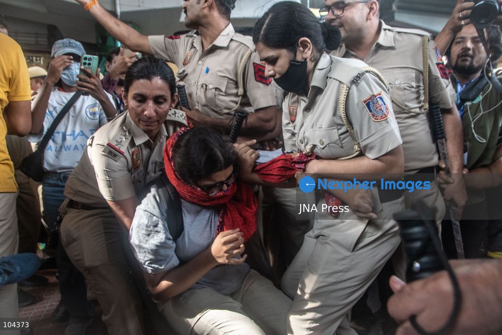 NEW DELHI, INDIA, OCTOBER 11, 2026: Police detain protesters during a demonstration at Connaught Place in New Delhi demanding the resignation of India's Chief Election Commissioner Gyanesh Kumar. The protests follow opposition allegations of irregularities in voter roll revisions, which the Election Commission denies. Photo by Amit Shukla / JNA Press. (Photo by Amit shukla/JNA Press via Nexpher Images)