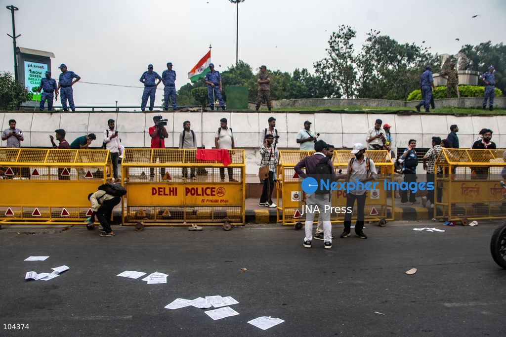 NEW DELHI, INDIA, OCTOBER 11, 2026: Police detain protesters during a demonstration at Connaught Place in New Delhi demanding the resignation of India's Chief Election Commissioner Gyanesh Kumar. The protests follow opposition allegations of irregularities in voter roll revisions, which the Election Commission denies. Photo by Amit Shukla / JNA Press. (Photo by Amit shukla/JNA Press via Nexpher Images)