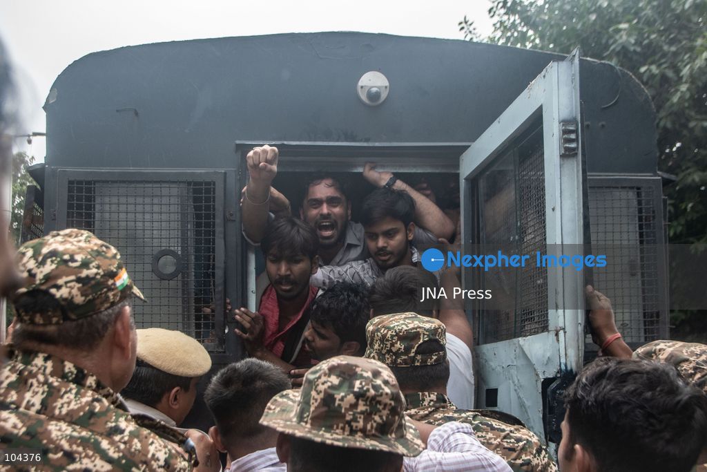 NEW DELHI, INDIA, OCTOBER 11, 2026: Police detain protesters during a demonstration at Connaught Place in New Delhi demanding the resignation of India's Chief Election Commissioner Gyanesh Kumar. The protests follow opposition allegations of irregularities in voter roll revisions, which the Election Commission denies. Photo by Amit Shukla / JNA Press. (Photo by Amit shukla/JNA Press via Nexpher Images)