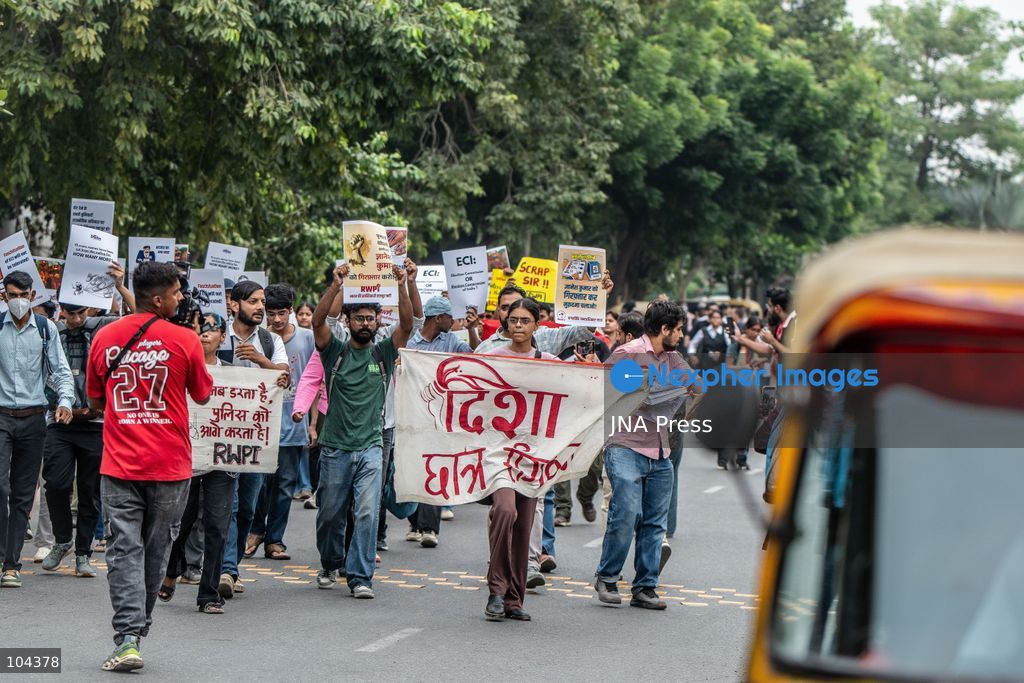 NEW DELHI, INDIA, OCTOBER 11, 2026: Police detain protesters during a demonstration at Connaught Place in New Delhi demanding the resignation of India's Chief Election Commissioner Gyanesh Kumar. The protests follow opposition allegations of irregularities in voter roll revisions, which the Election Commission denies. Photo by Amit Shukla / JNA Press. (Photo by Amit shukla/JNA Press via Nexpher Images)