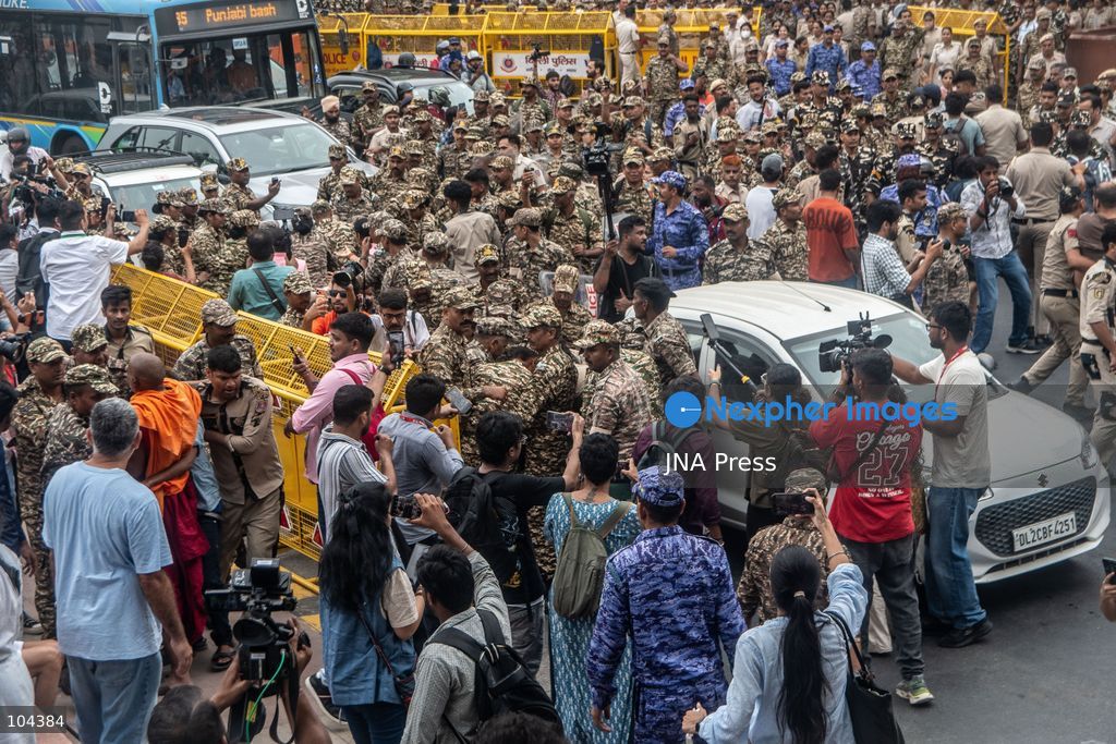 NEW DELHI, INDIA, OCTOBER 11, 2026: Police detain protesters during a demonstration at Connaught Place in New Delhi demanding the resignation of India's Chief Election Commissioner Gyanesh Kumar. The protests follow opposition allegations of irregularities in voter roll revisions, which the Election Commission denies. Photo by Amit Shukla / JNA Press. (Photo by Amit shukla/JNA Press via Nexpher Images)
