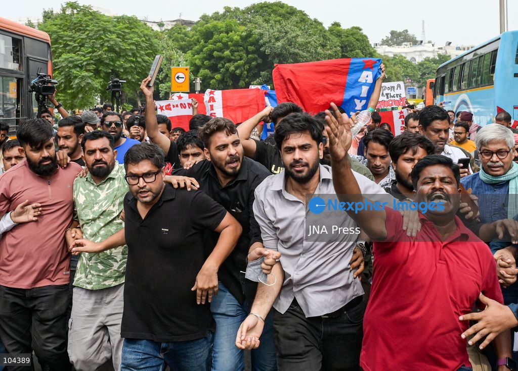 NEW DELHI, INDIA, OCTOBER 11, 2026: Protesters march at Connaught Place in New Delhi, demanding the resignation of Chief Election Commissioner Gyanesh Kumar. The demonstration takes place amid continuing protests over alleged irregularities in voter roll revisions, which the Election Commission denies. Photo by Vishal Kapoor / JNA Press. (Photo by Vishal Kapoor/JNA Press via Nexpher Images)