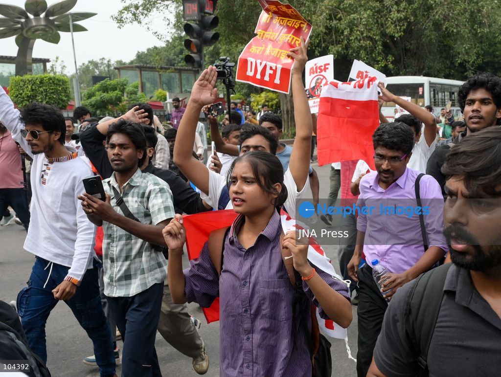 NEW DELHI, INDIA, OCTOBER 11, 2026: Protesters march at Connaught Place in New Delhi, demanding the resignation of Chief Election Commissioner Gyanesh Kumar. The demonstration takes place amid continuing protests over alleged irregularities in voter roll revisions, which the Election Commission denies. Photo by Vishal Kapoor / JNA Press. (Photo by Vishal Kapoor/JNA Press via Nexpher Images)